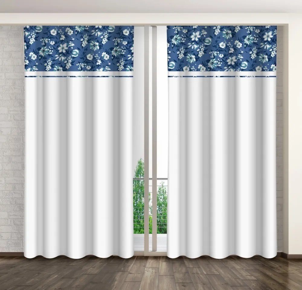 Draperie decorativă albă cu imprimare de flori albe și albastre Lățime: 160 cm | Lungime: 250 cm