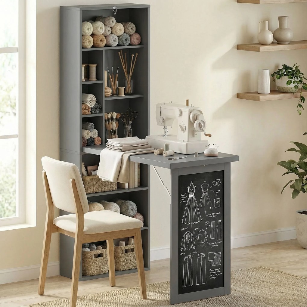 HOMCOM Birou Pliabil cu Bibliotecă, Tablă și Masă de Dining Rabatabilă, 98x51x153 cm, Gri închis | Aosom Romania
