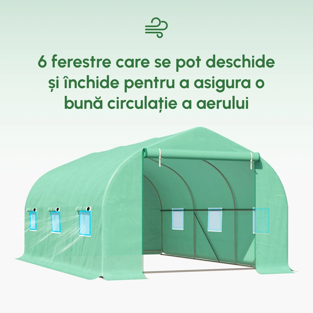 Outsunny Seră pentru Grădină cu 6 Ferestre, Ușă Rulantă și Acoperiș Învelit PE, 4,5x3x2 m, Verde Închis | Aosom Romania