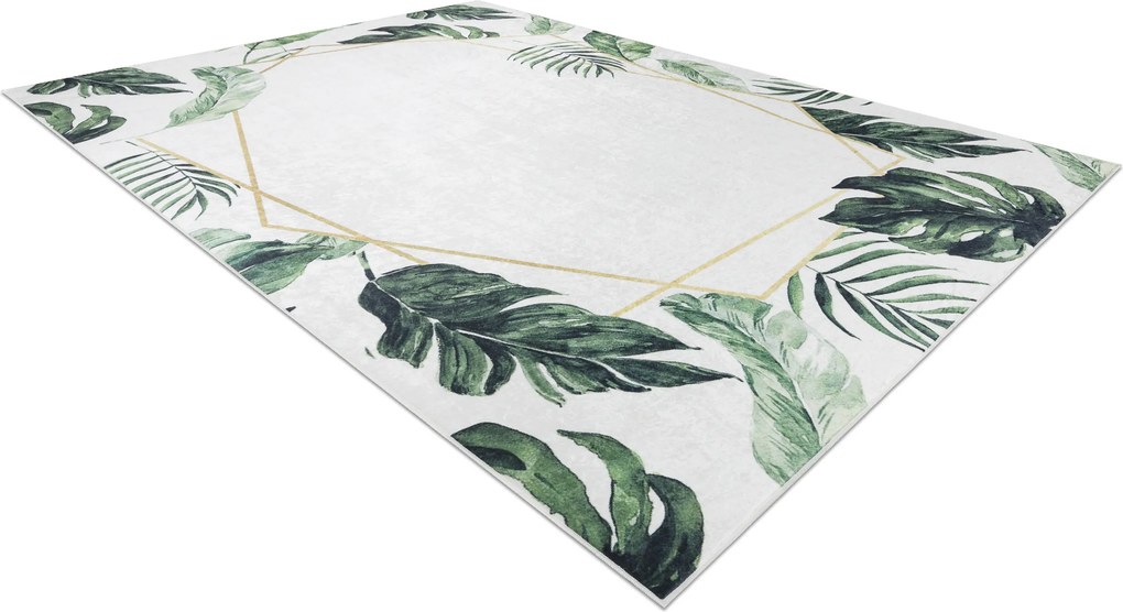 ANDRE 1168 covor lavabil Monstera pleacă, geometric anti-alunecare - alb / verde - SECUNDAR-COTATI PRODUSUL