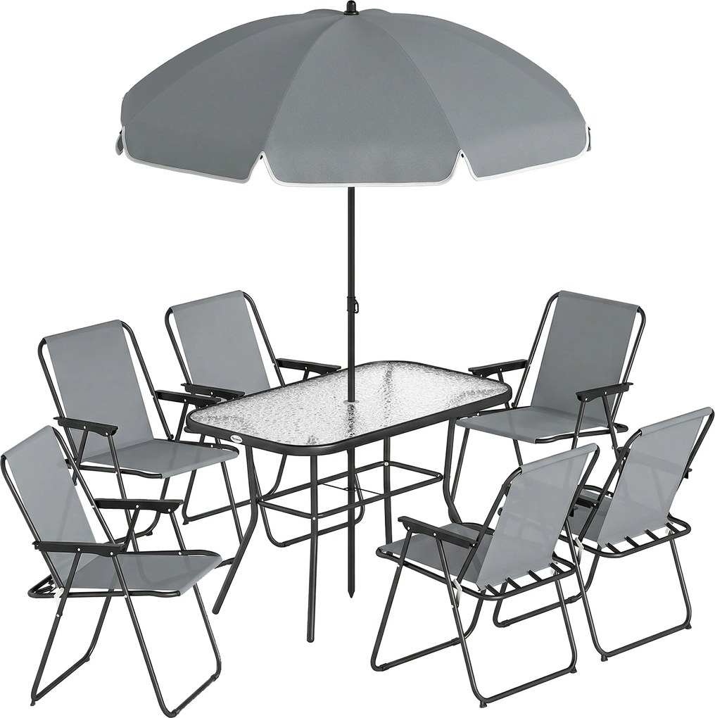 Outsunny Set de Masă de Grădină 8 Piese cu Umbrelă, Set Mobilier Grădină cu 6 Scaune Pliabile, Masă din Sticlă Temperată și Umbrelă pentru Terasă, Gri | Aosom Romania