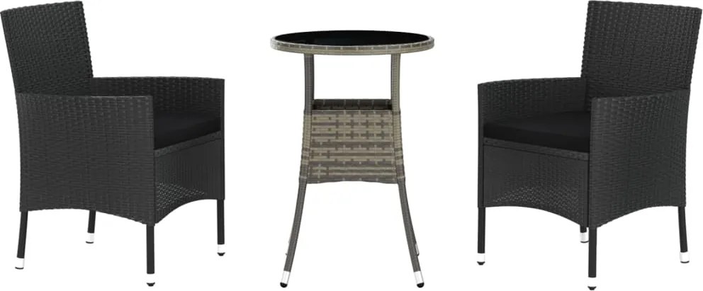 vidaXL Set bistro de grădină cu perne, 3 piese, negru, poliratan