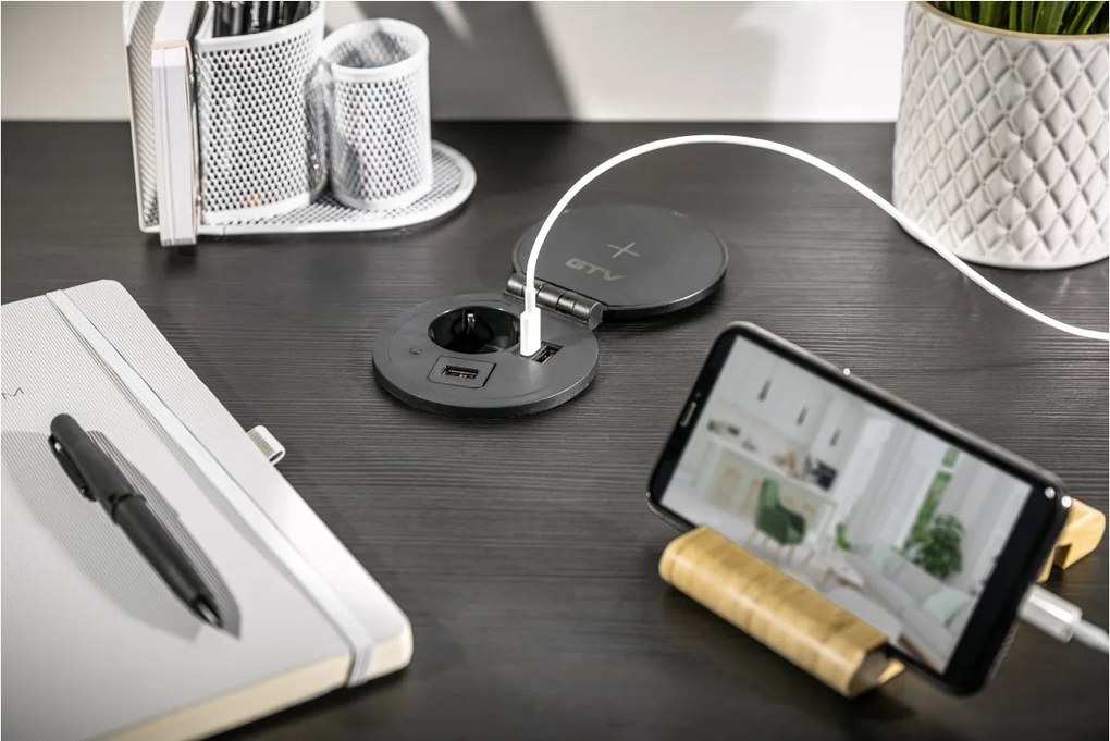 Priza incorporabila in blat Charger Plus GTV, incarcator wireless 5W, 1 priza Schuko, USB A + C, HDMI, RJ45, negru, D:80 mm Aluminiu plastic,
