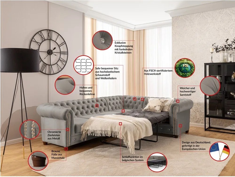 Colțar gri extensibil cu tapițerie din catifea (cu colț pe partea dreaptă/în formă de ”L”) York Blik – Ropez