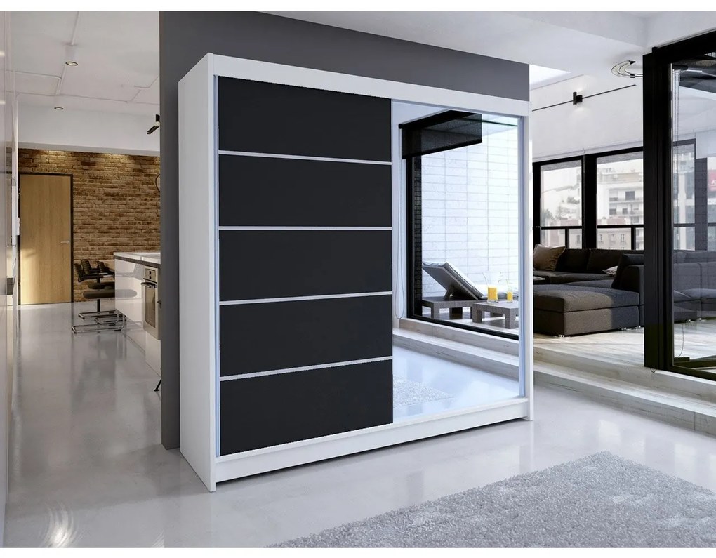 Dulap de haine Bastian III (Alb + Negru + oglindă) (iluminat LED rgb color). Promo -17%. 1054208