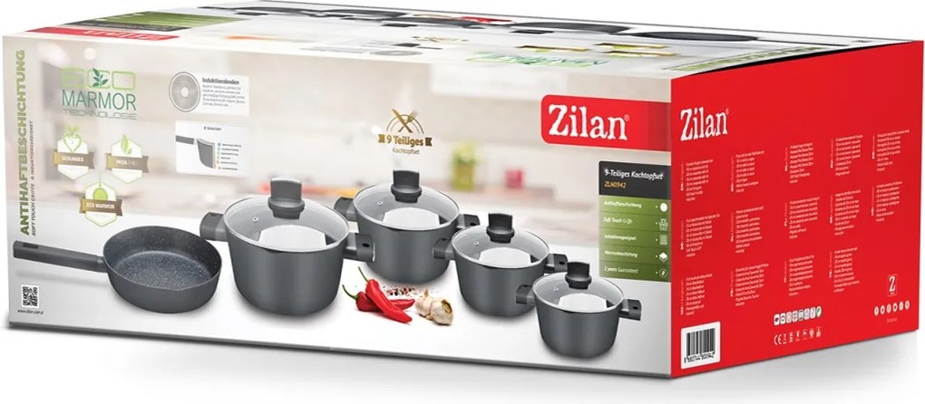 Set de oale Zilan ZLN0942 Negru, cu 9 piese, invelis din marmura si manere fine la atingere