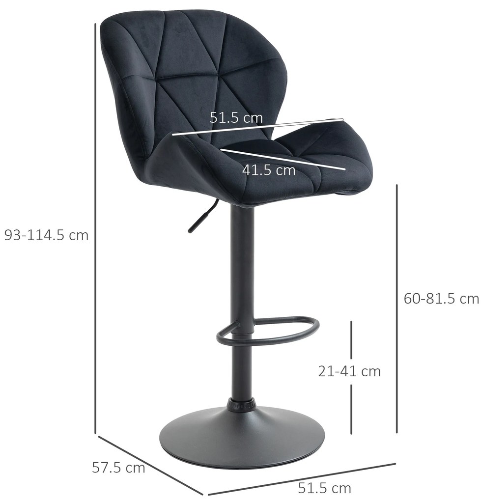 HOMCOM Set de 2 scaune de bar rotative, reglabile în înălțime, tapițate cu catifea și spumă neagră 51,5 x 57,5 x 93-114,5 cm | Aosom Romania