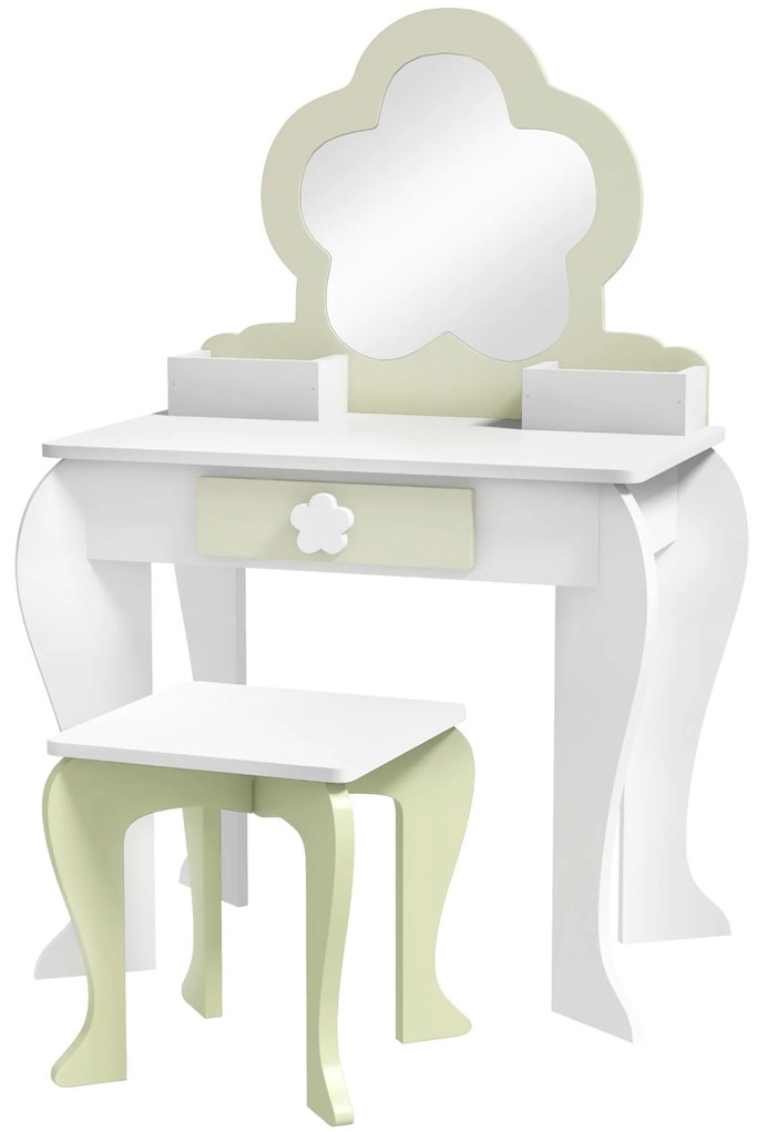 ZONEKIZ Set de toaletă pentru copii cu oglindă de machiaj și scaunel asortat din lemn, sertar și recipiente, alb | Aosom Romania
