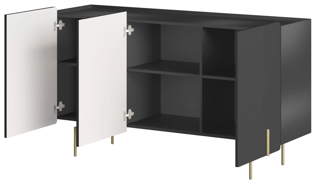 Comodă Malmi 150 cm cu trei uși - negru mat / picioare aurii