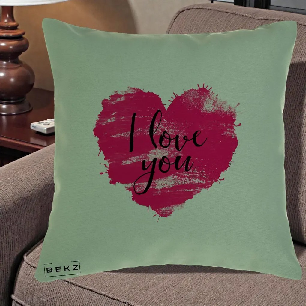 Cadou Romantic - Perna Personalizata I Love You Inima Roz, 40x40 cm, Verde, Husa Detasabila, Perna Inclusa, BEKZ®