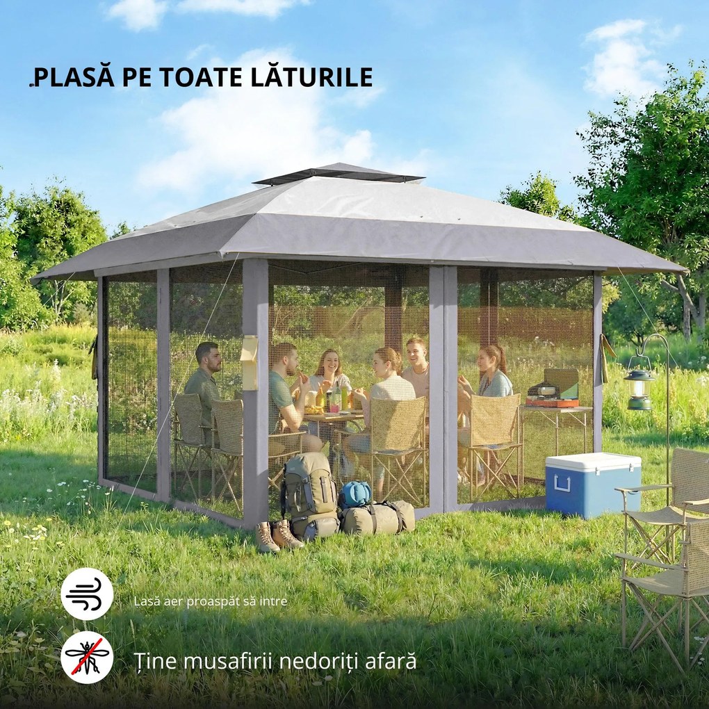 Outsunny Pavilion 4x4m Impermeabil Reglabil pe înălțime Pop-up Pavilion pliant cu dublu acoperiș 4 laterale din plasă, UV 30+Gri deschis | Aosom Romania