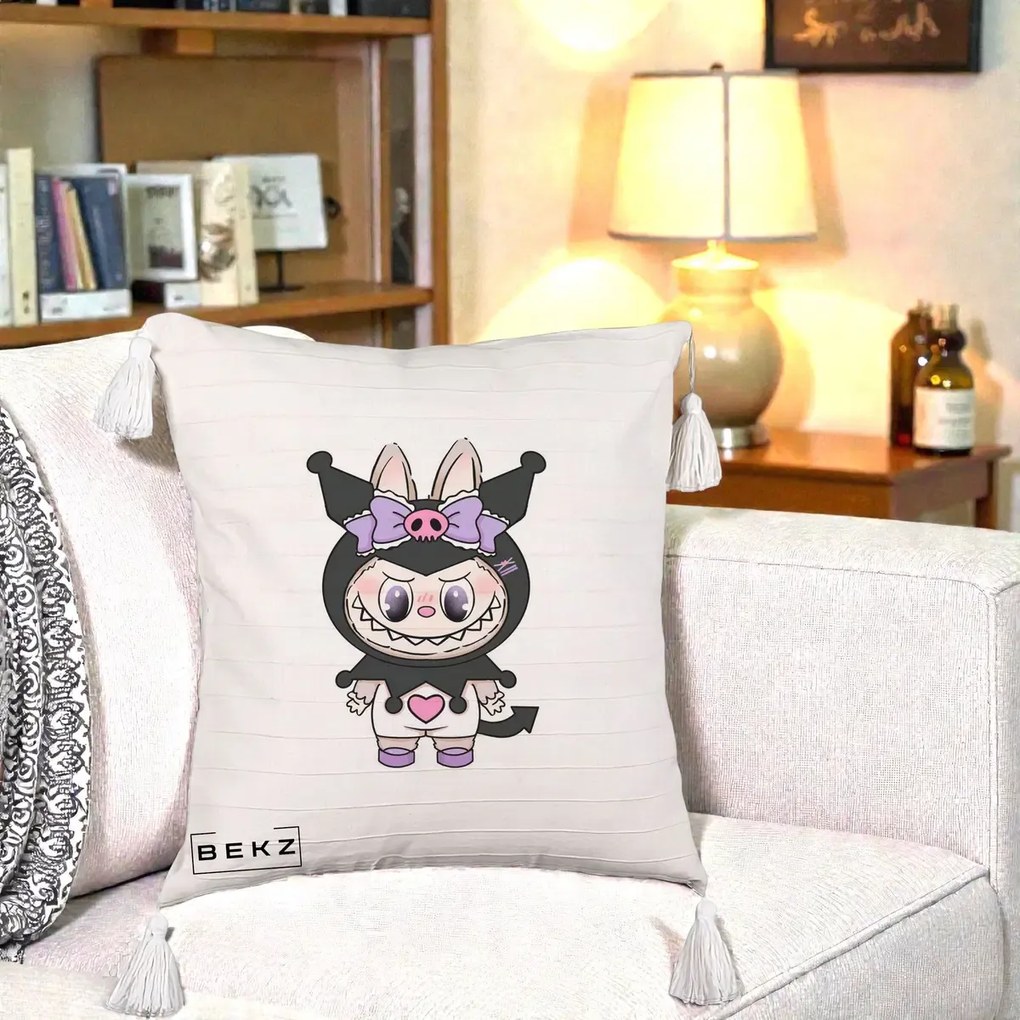 Perna Personalizata Labubu x Kuromi, 40x40 cm, Bej cu Franjuri, Husa Detasabila, Perna Inclusa, BEKZ®
