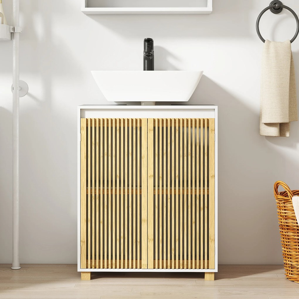 HOMCOM Mobilier sub chiuvetă baie, dulap cu uși jituite din bambus, 60 x 30 x 75 cm, efect lemn natural | Aosom Romania