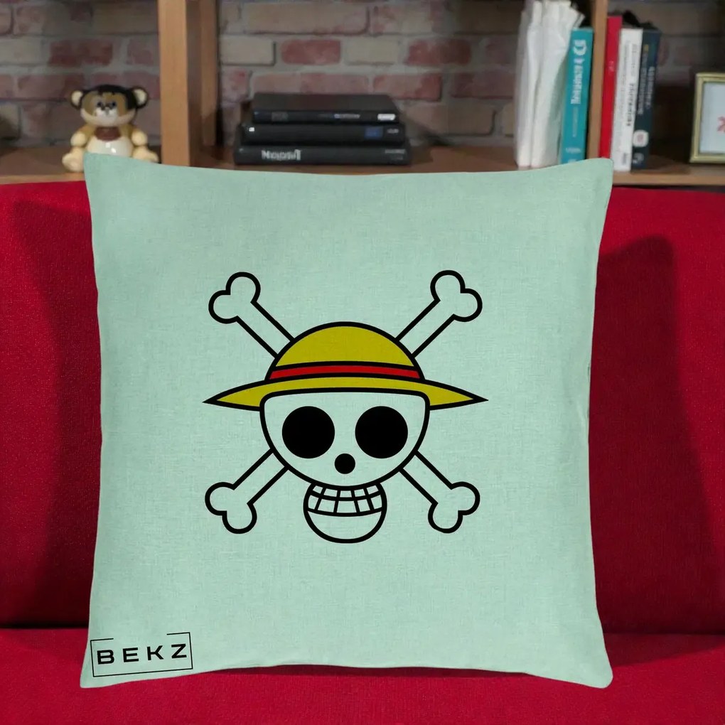 Perna Personalizata One Piece Jolly Roger Straw Hat Pirates, 40x40 cm, Verde Menta, Husa Detasabila, Perna Inclusa, BEKZ®