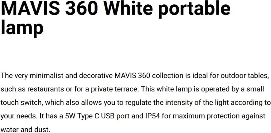 Lampa de exterior portabila IP54 MAVIS 360 alba
