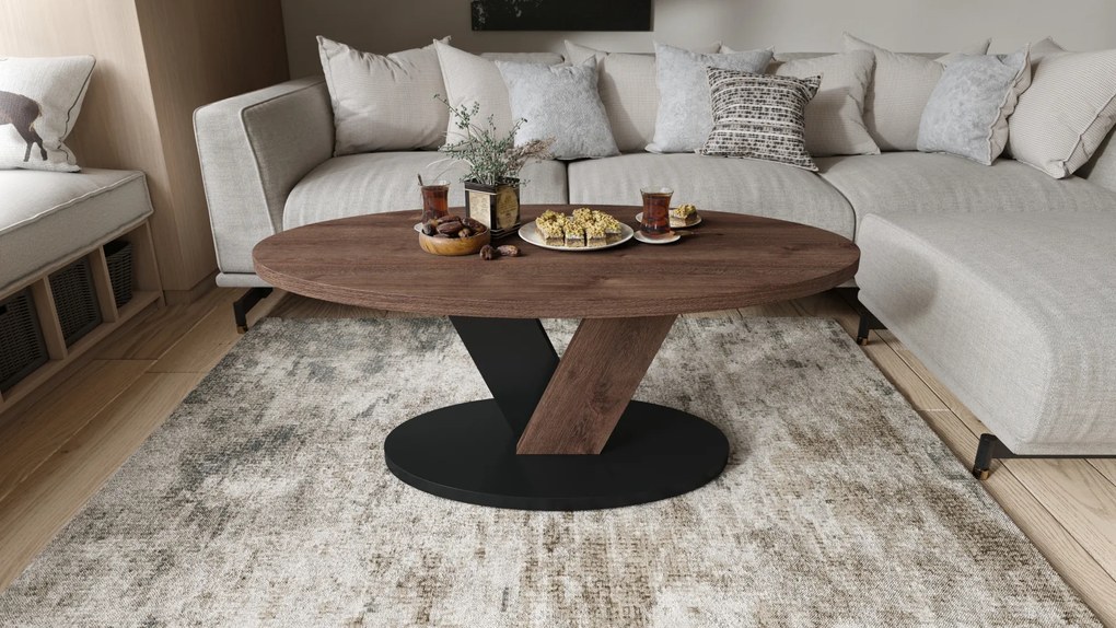 Mazzoni LOVA Stejar Maro/Negru - MĂSUȚĂ OVALĂ 110x60 cm MĂSUȚĂ DE CAFEA MODERNĂ
