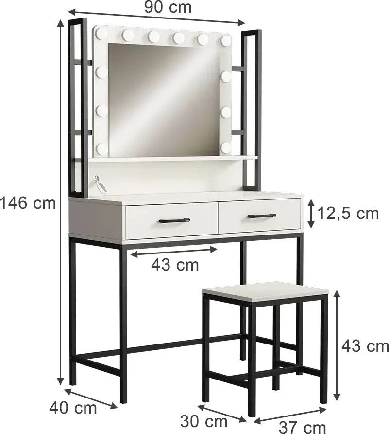 Masuta machiaj cu Oglinda LED si 2 Sertare pentru Cosmetice, Set Masa toaleta 90 cm, Alb, masuta cosmetica, vanity - SEA807