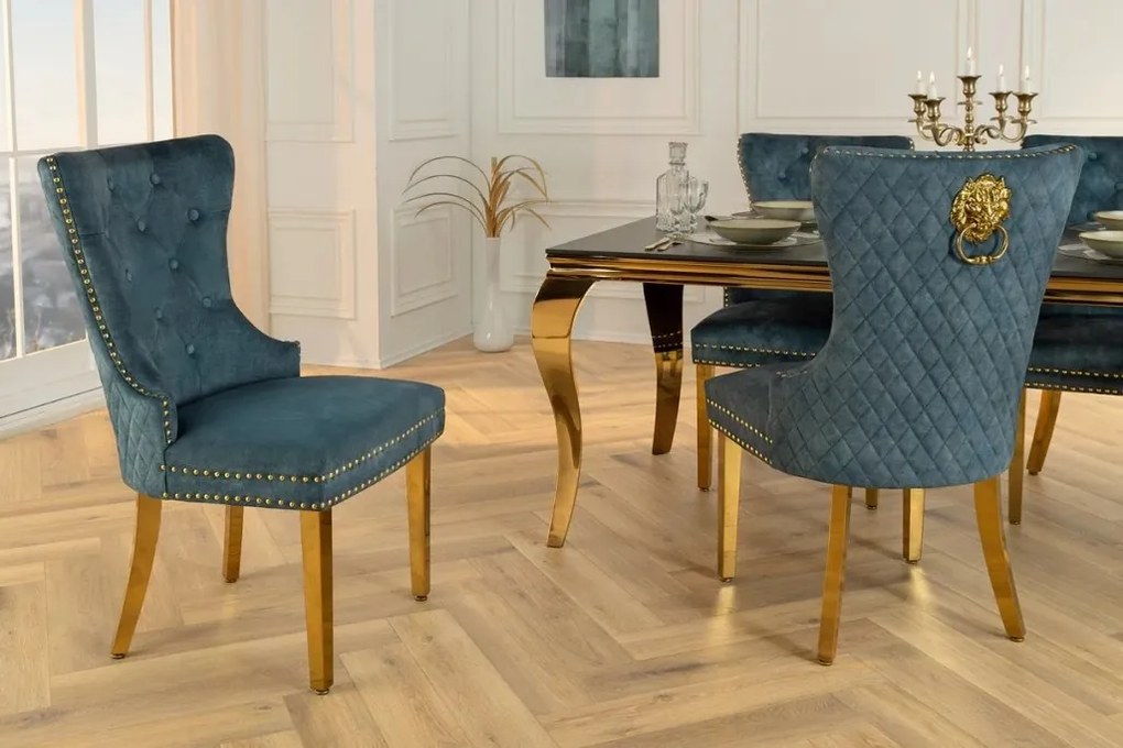 Set 2 scaune Stil Baroc, Catifea, Albastru Petrol, Metal, Auriu, Castle