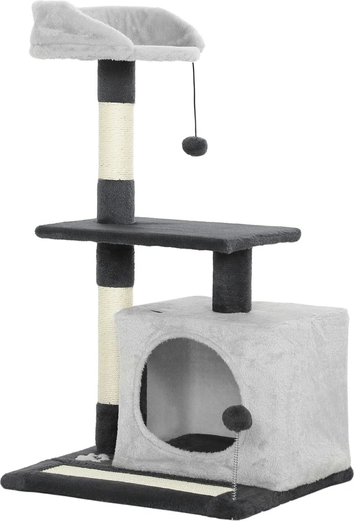 PawHut Ansamblu de joacă pentru pisici cu căsuță, Culcuș, Stâlpi și Covor, 85cm, Gri | Aosom Romania