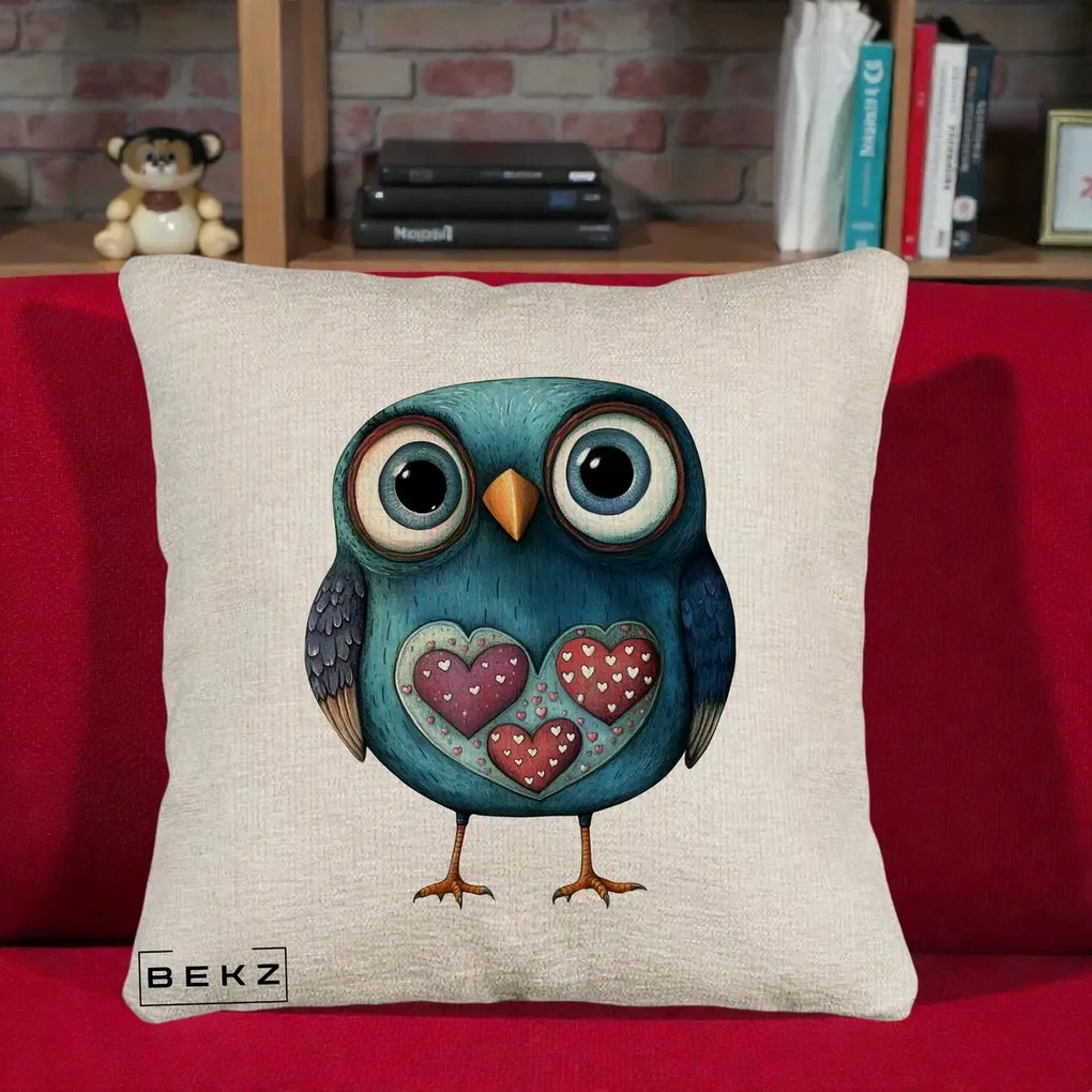 Perna Decorativa Bufnita Teal cu Doua Inimi, 40x40 cm, Bej Canapea, Husa Detasabila, Perna Inclusa, BEKZ®