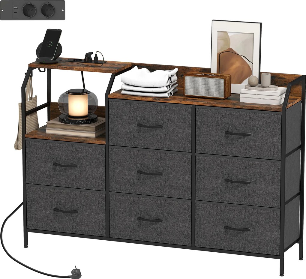 HOMCOM Comodă cu 8 sertare din material textil, cadru din oțel, stație de încărcare, Rustic-Maro+Negru | Aosom Romania