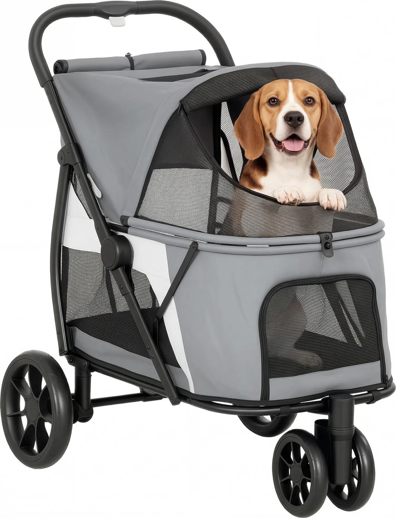 PawHut Cărucior pliabil pentru câini cu pernă lavabilă, ferestre din plasă, 3 roți, pentru câini de talie medie până la 20 kg, Gri | Aosom Romania