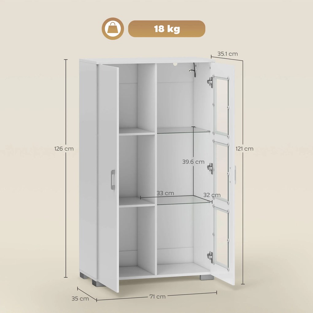 HOMCOM Bufet cu LED RGB 16 culori și telecomandă, finisaj lucios, uși vitrate, rafturi din sticlă, 71x35x126 cm, alb | Aosom Romania