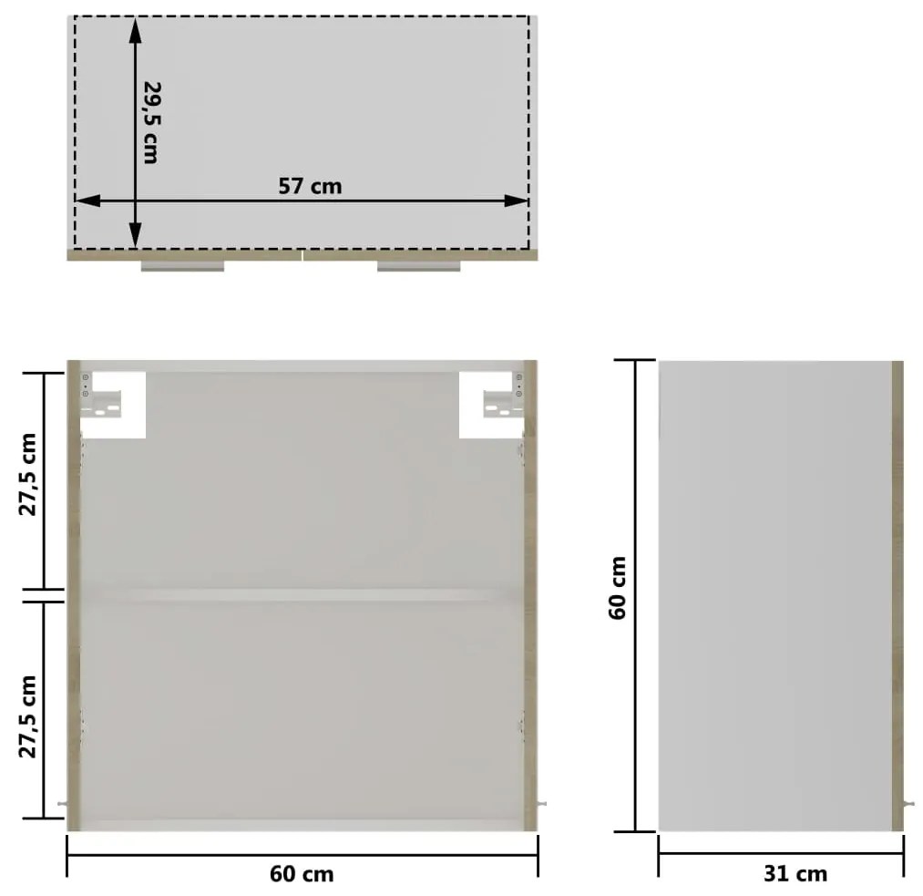 Dulap suspendat de sticla, stejar sonoma, 60 x 31 x 60 cm, PAL Stejar sonoma, Dulap suspendat din sticla 60 cm, 1