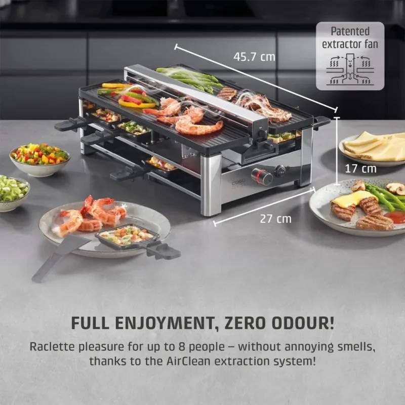 Gratar pentru raclette CASO Design Raclette AirClean, 1500 W, Placi ceramice, Sistem pentru reducerea mirosurilor si a fumului, Filtru, Otel inoxidabil
