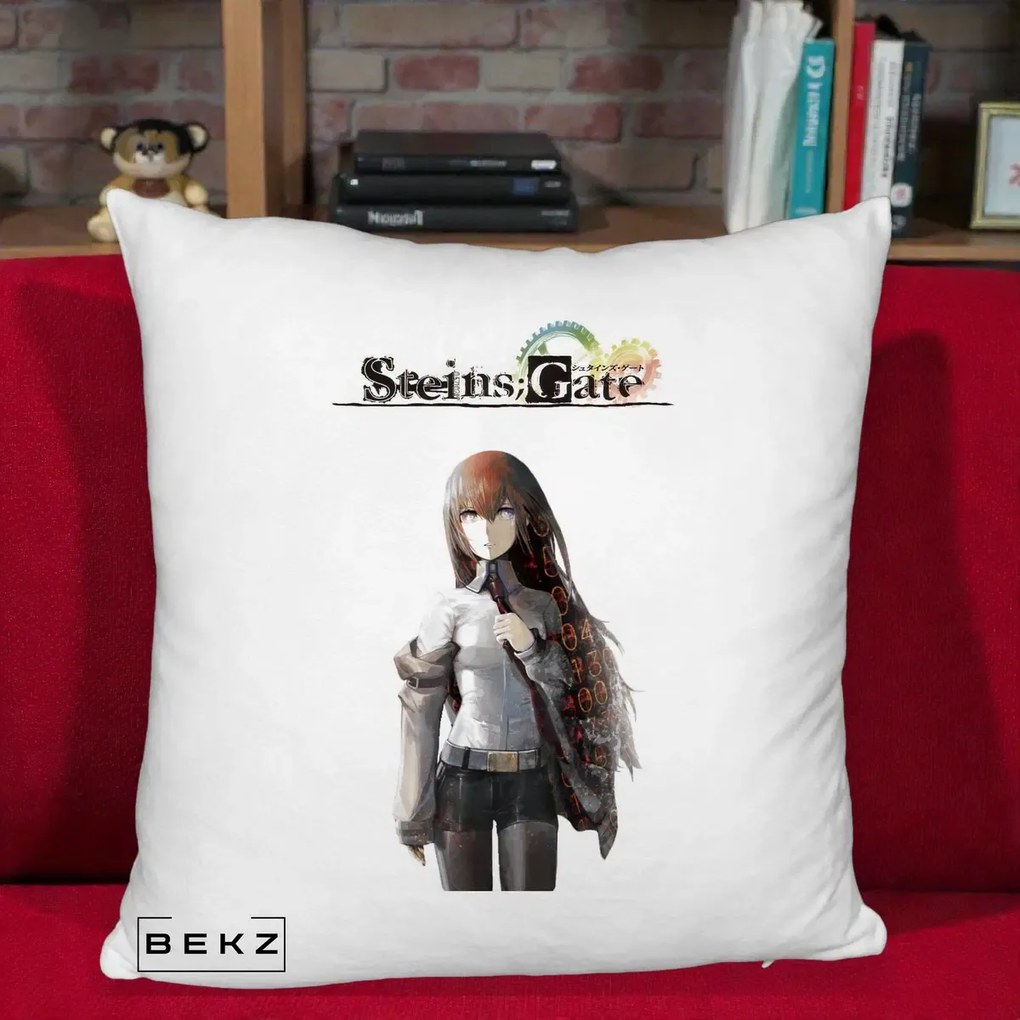 Perna Personalizata Steins Gate Kurisu Makise Anime, 40x40 cm, Alb Pufos, Husa Detasabila, Perna Inclusa, BEKZ®