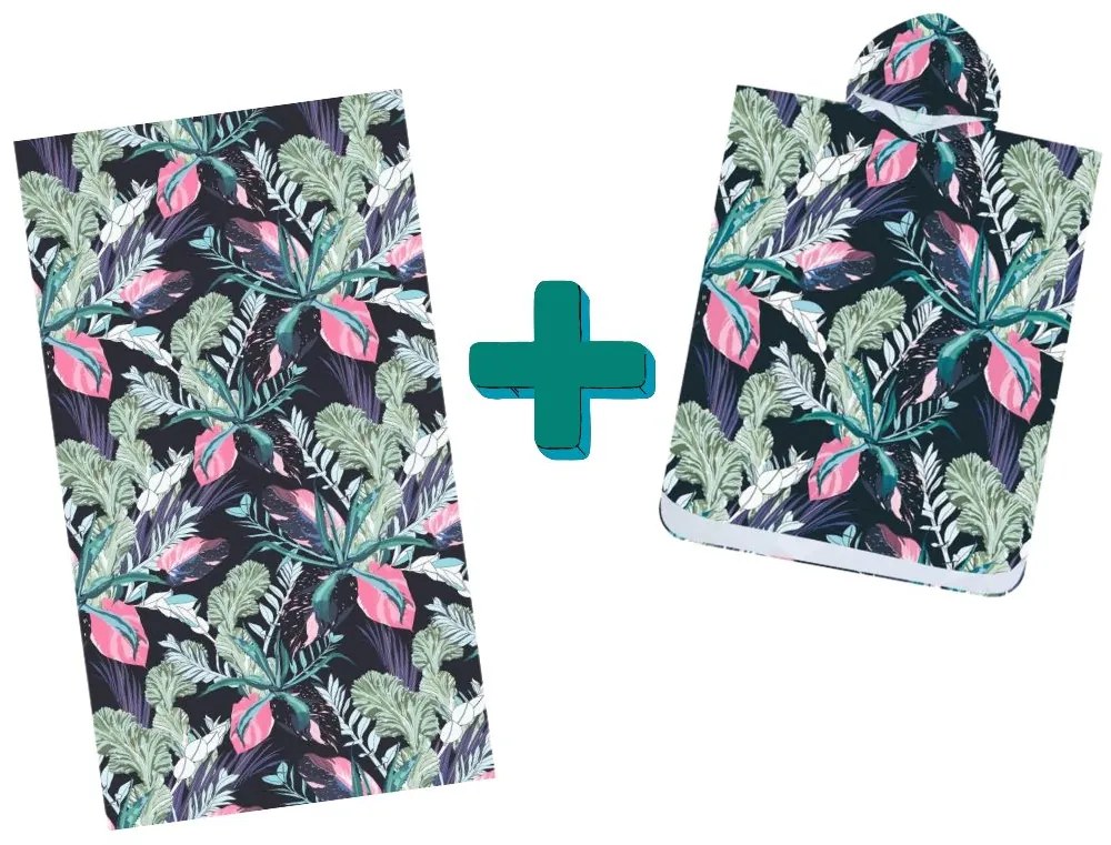 Set de plaja NIGHT BLOSSOM – prosop 100×180 cm si poncho 80×145 cm, negru