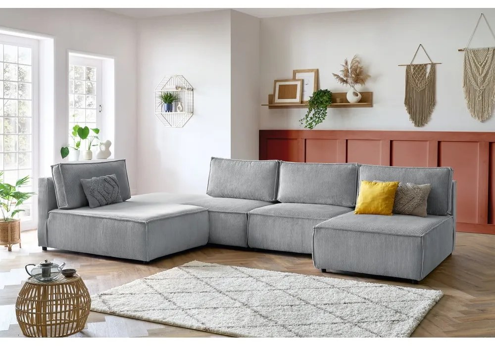 Colțar gri deschis cu tapițerie din catifea reiată (cu colț variabil) Nihad modular – Bobochic Paris