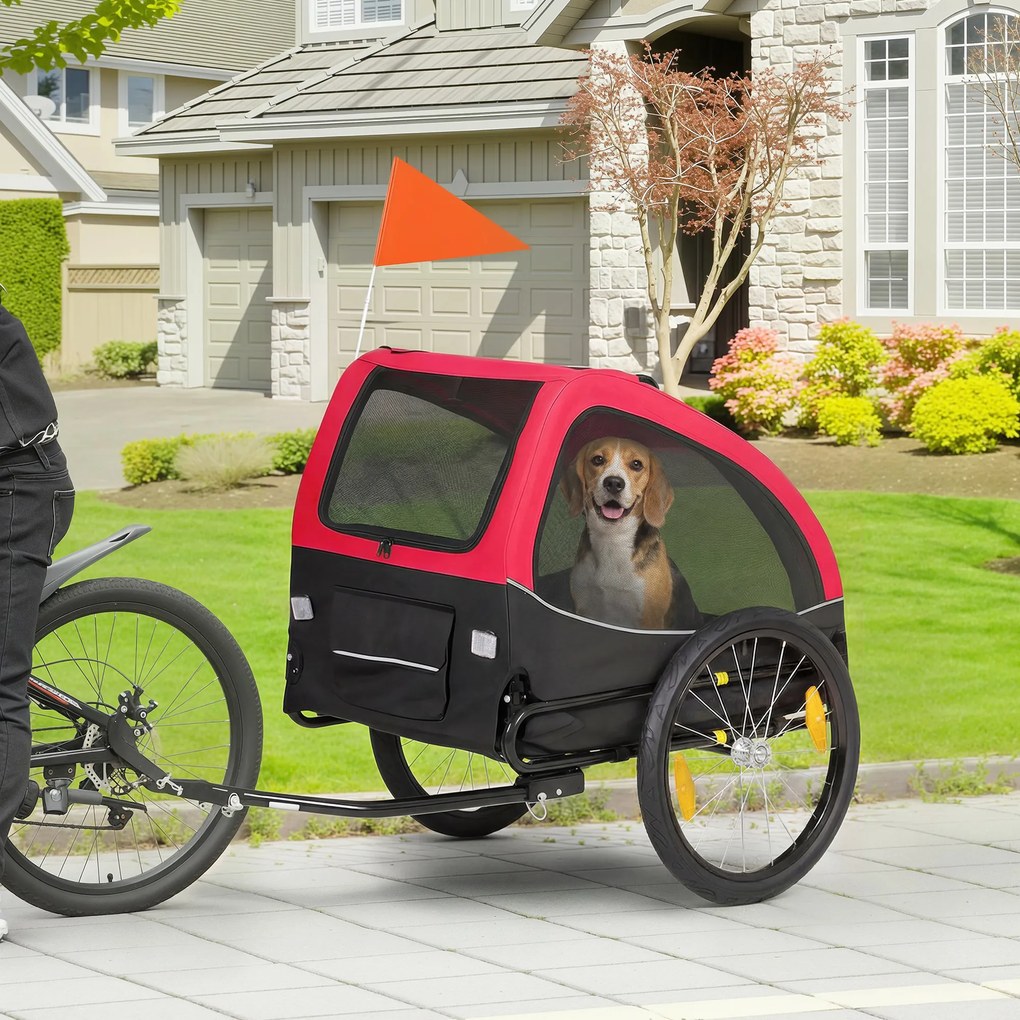PawHut Remorcă pliabilă pentru câini cu reflectoare, ferestre din plasă, roți, ușă și steag de siguranță pentru câini până la 20 kg 138x70x89 cm Roșu | Aosom Romania