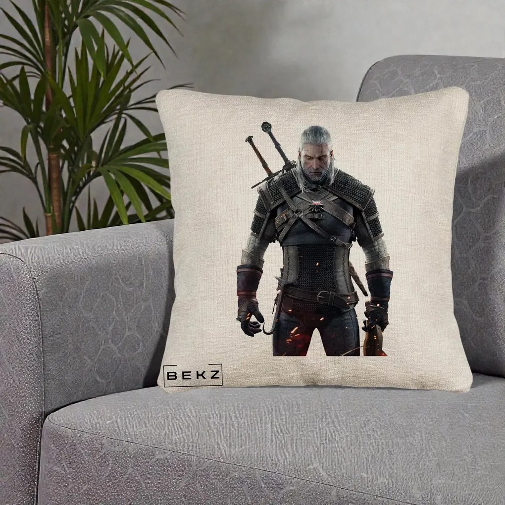 Perna Personalizata The Witcher Geralt of Rivia Portret, 40x40 cm, Bej Canapea, Husa Detasabila, Perna Inclusa, BEKZ®
