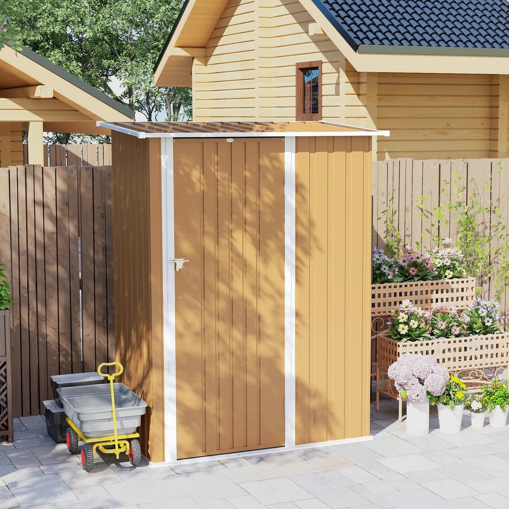 Outsunny Căsuță de Grădină 1.07m² din Oțel Zincat, Căsuță pentru Unelte cu Ușă Blocabilă, Acoperiș Înclinat, 142x86x189 cm, Galben | Aosom Romania