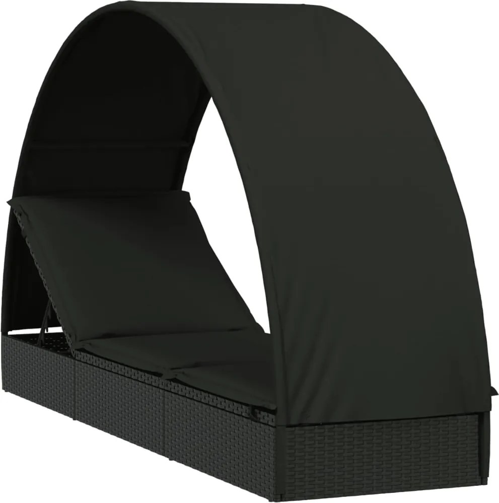 vidaXL Șezlong cu acoperiș rotund, negru, 211x57x140 cm, poliratan
