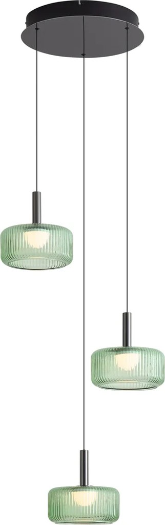 Lampă suspendată de design gunmetal cu sticlă verde, inclusiv LED reglabil în 3 trepte, 3 lumini cu sistem Easylift - Fiera