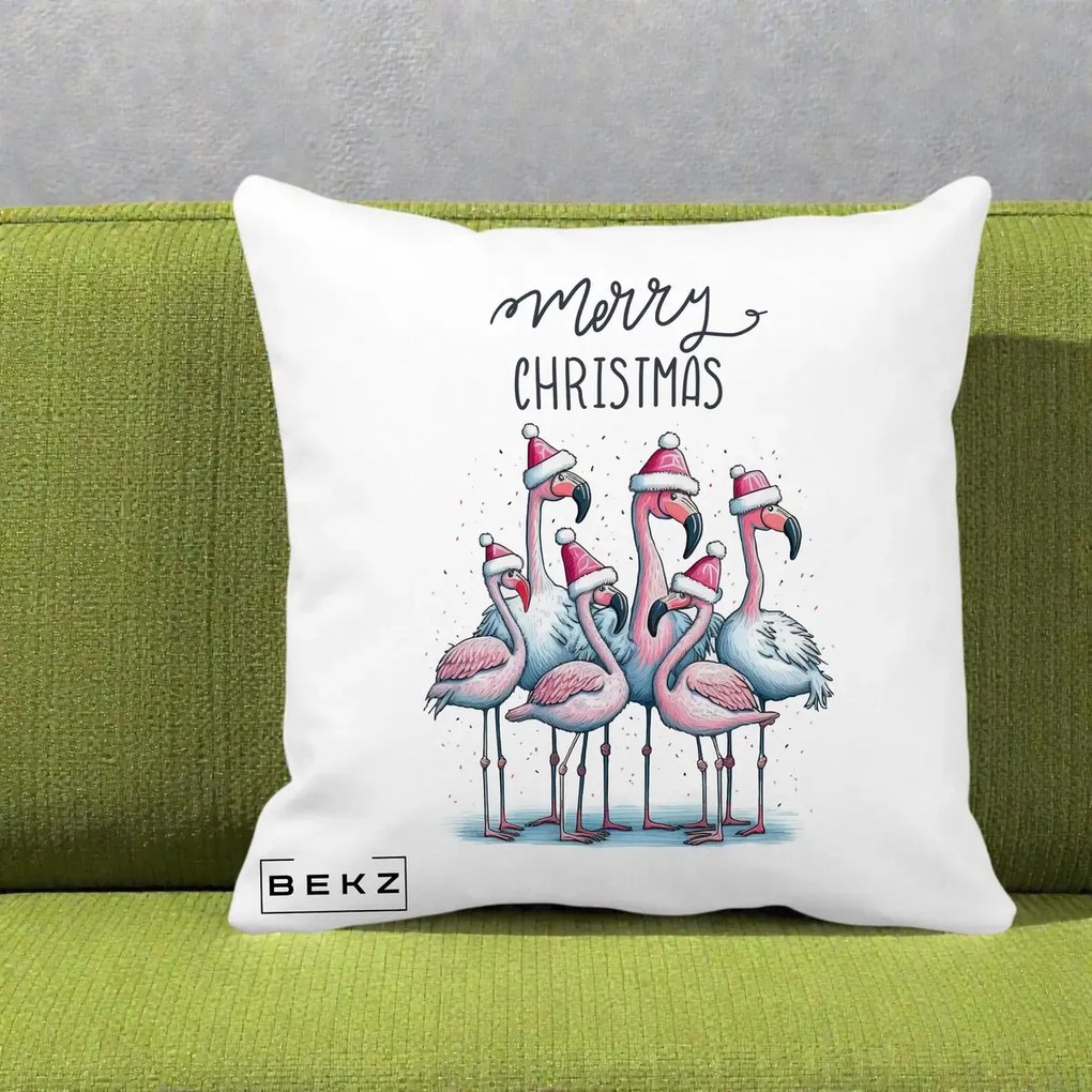 Perna Decorativa Flamingo Merry Christmas, 40x40 cm, Alba Mata, Husa Detasabila, Perna Inclusa, BEKZ®