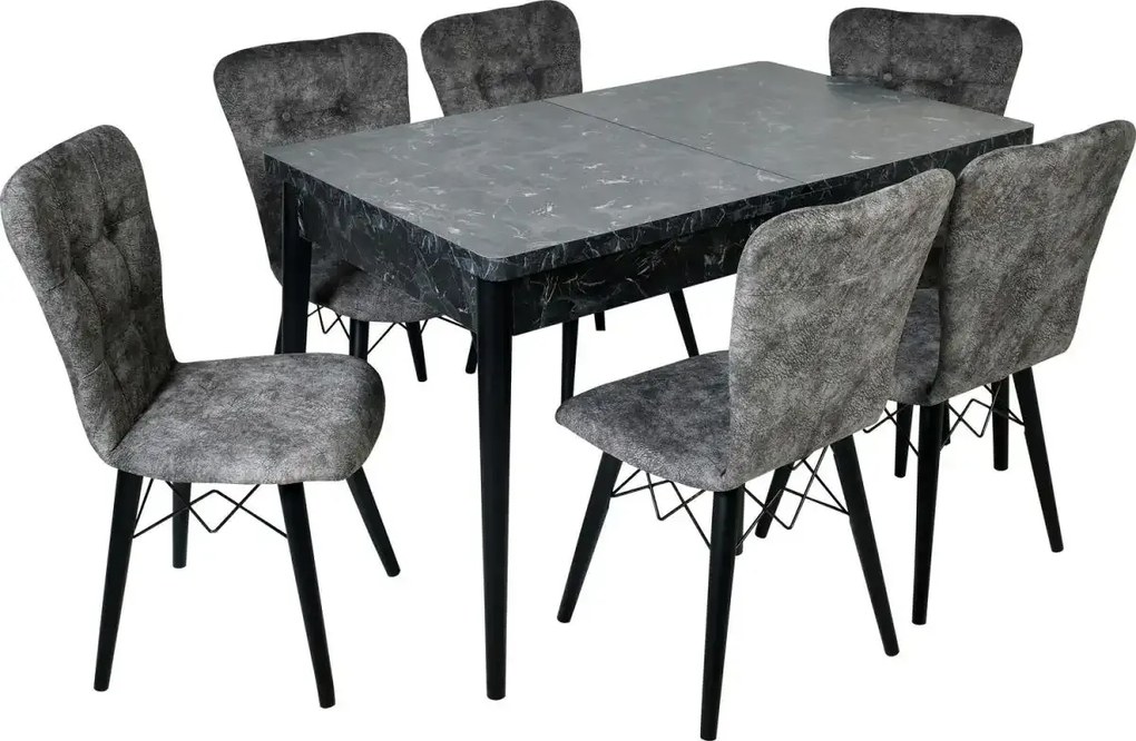 Set masa extensibila cu 6 scaune tapitate Homs cristal negru-bej 170 x 80 cm