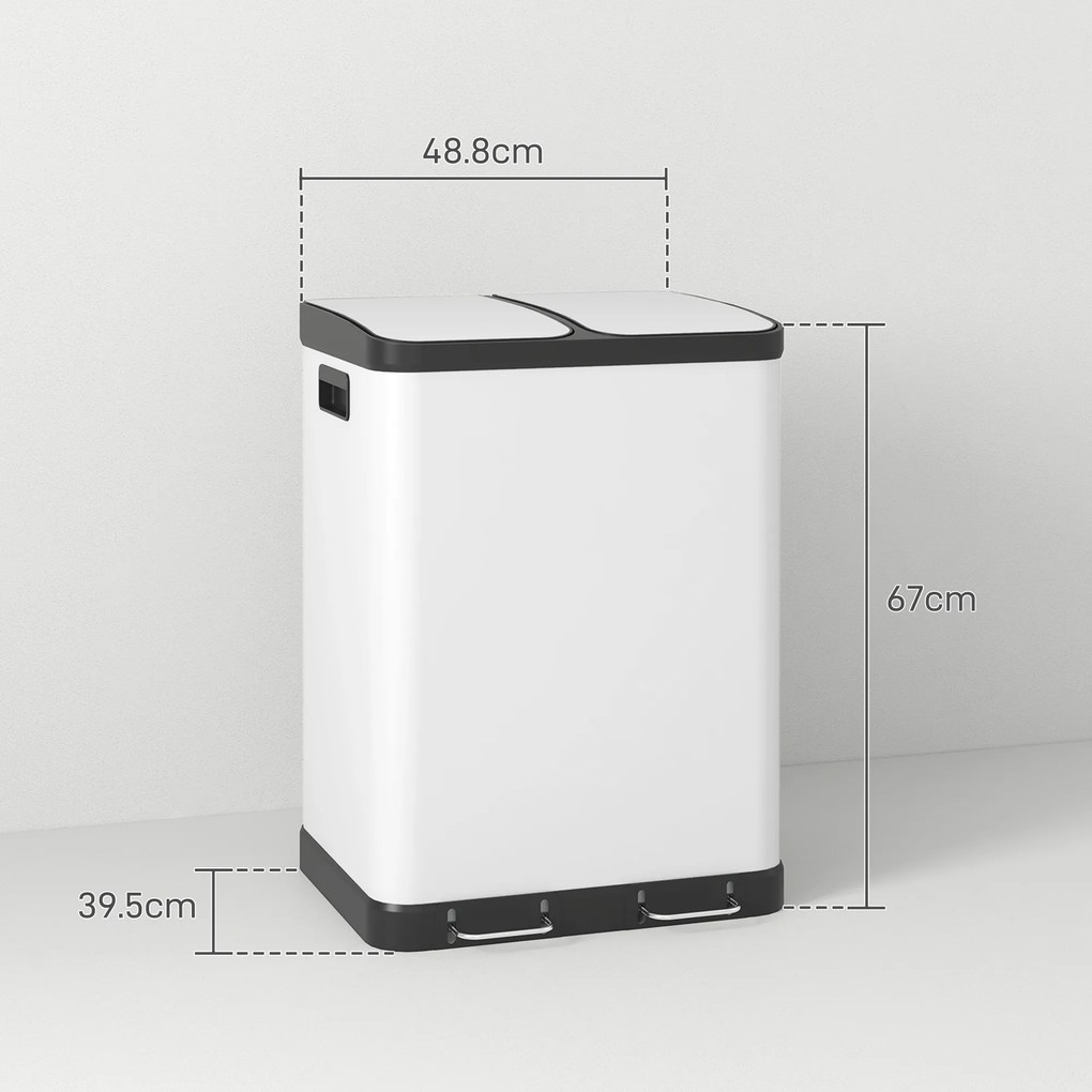 HOMCOM Coș de gunoi de bucătărie 2 x 30L cu pedala din oțel inoxidabil, 2 compartimente, capac cu închidere moale, 60L, alb | Aosom Romania