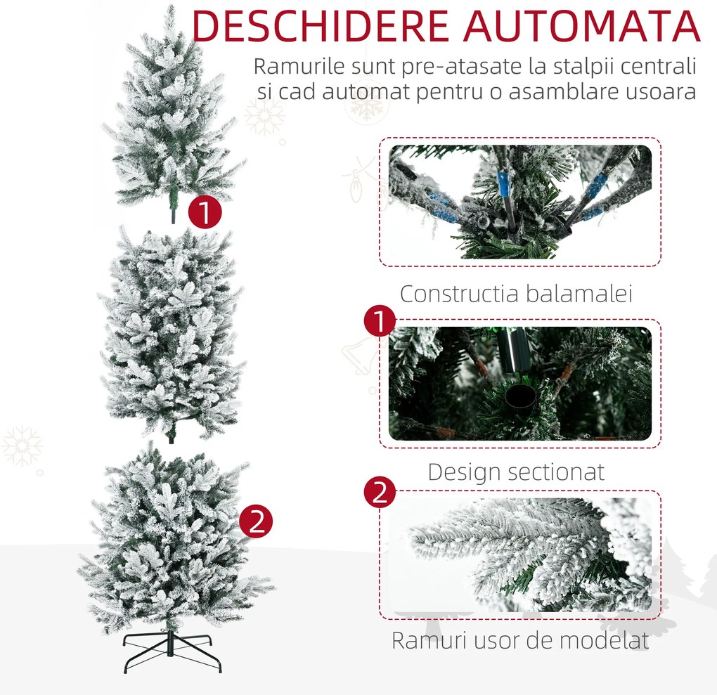 HOMCOM Pom de Craciun Artificial Inalt de 225cm,Decor de Sarbatori cu 988 Ramuri Inzapezite, Deschidere Automata, Baza de Otel, Verde