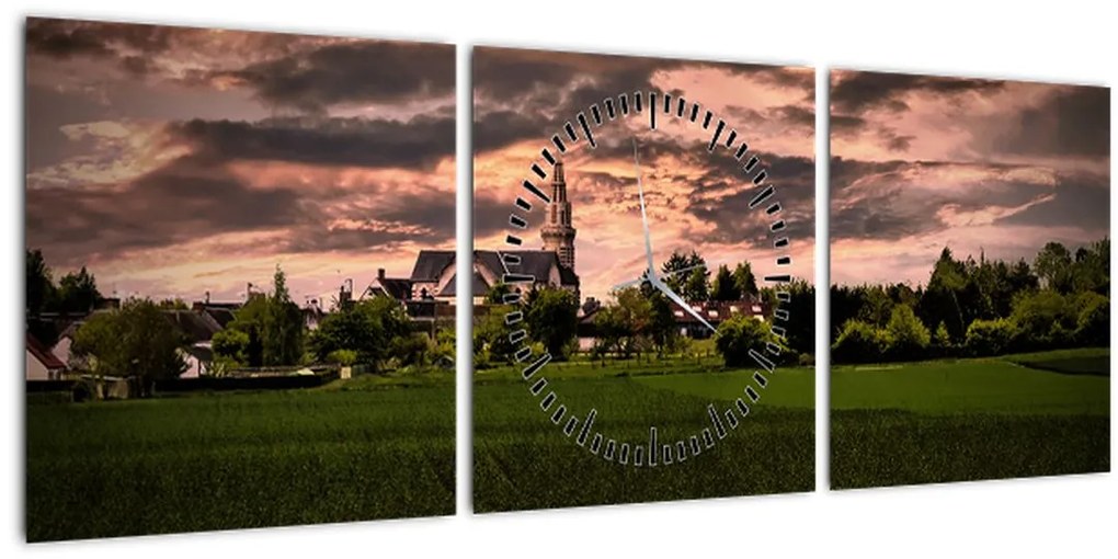 Tablou cu peisaj și biserică (cu ceas) (90x30 cm)