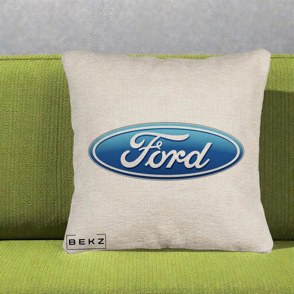 Perna Personalizata cu emblema Ford, 40x40 cm, Bej Canapea, Husa Detasabila, Perna Inclusa, BEKZ®