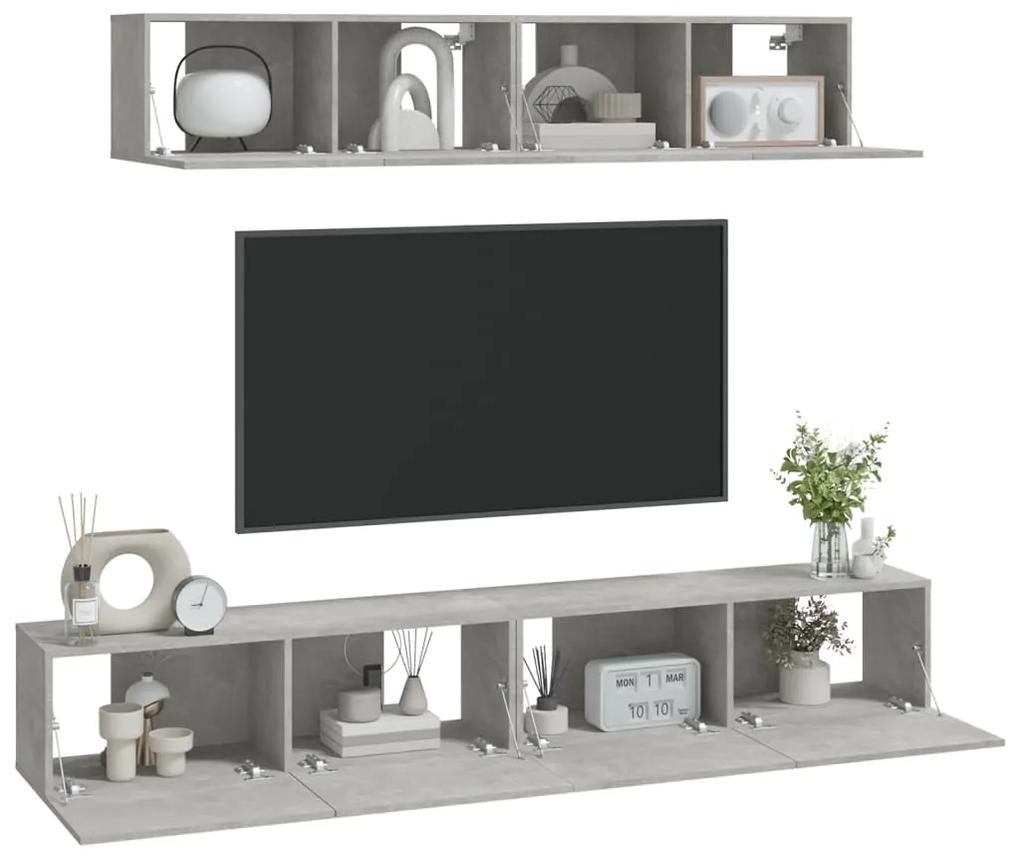 Set dulap TV, 4 piese, gri beton, lemn prelucrat 4, Gri beton, 100 x 30 x 30 cm