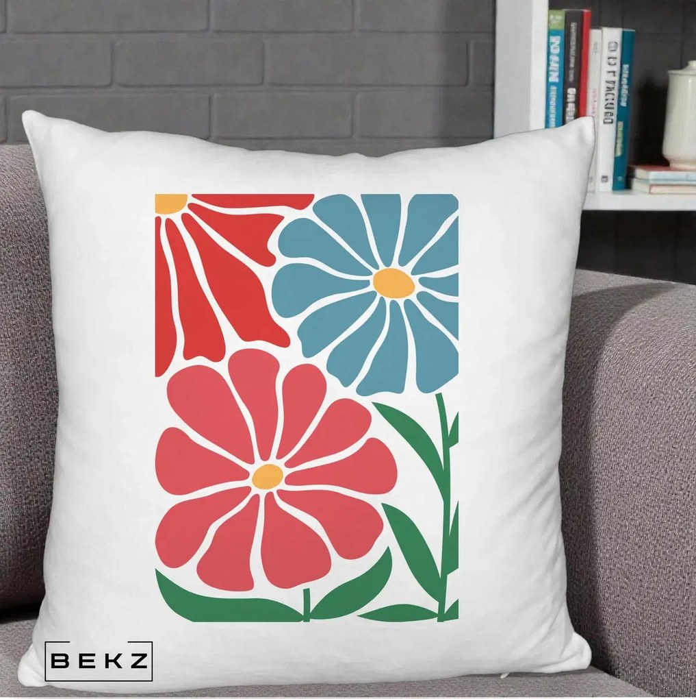 Perna Decorativa Flori Grafice Rosu-Albastru, 40x40 cm, Alb Pufos, Husa Detasabila, Perna Inclusa, BEKZ®