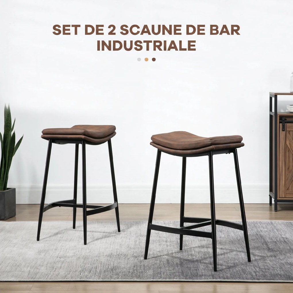 HOMCOM Set 2 Scaune de Bar în Stil Industrial, din Piele Ecologică, 48.5x38.5x68.5 cm, Negru și Maro | Aosom Romania
