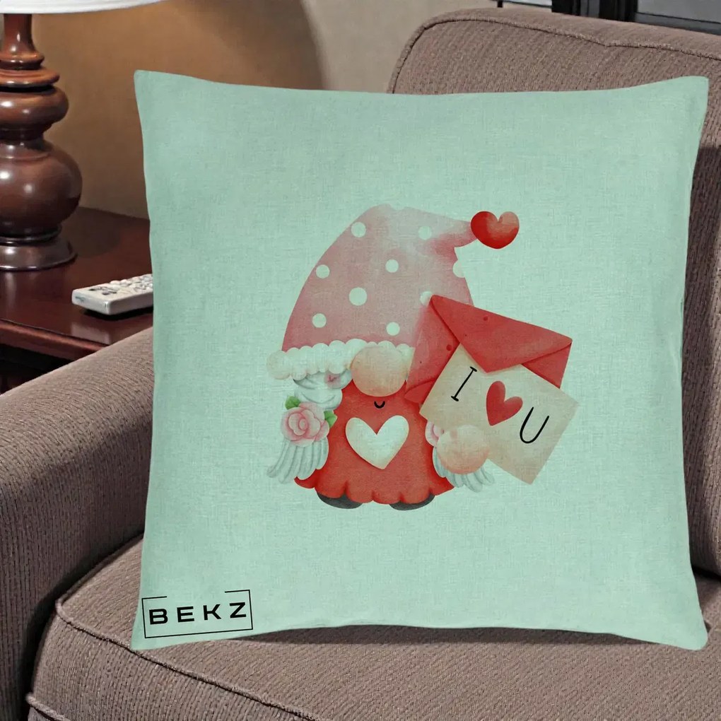 Cadou Romantic - Perna Personalizata I Love You Gnome Valentine cu Scrisoare, 40x40 cm, Verde Menta, Husa Detasabila, Perna Inclusa, BEKZ®