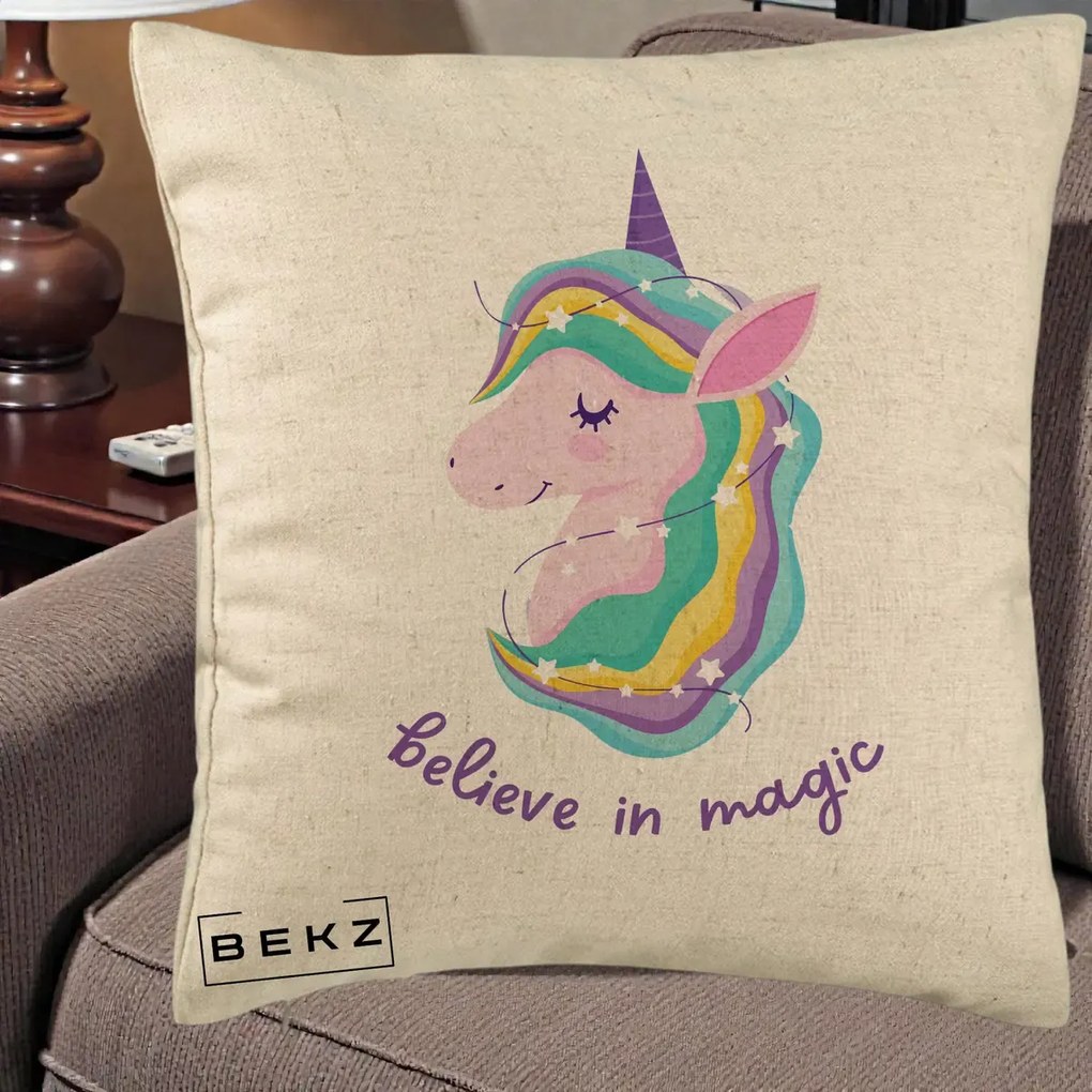 Perna Decorativa Unicorn Believe in Magic, 40x40 cm, Bej, Husa Detasabila, Perna Inclusa, BEKZ®