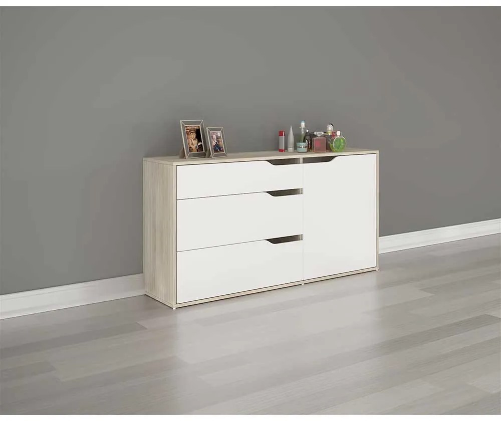 COMODA KAMEN, 120X40.5X71 CM, 3 SERTARE, 1 USA, CULOARE SONOMA/ALB, PAL