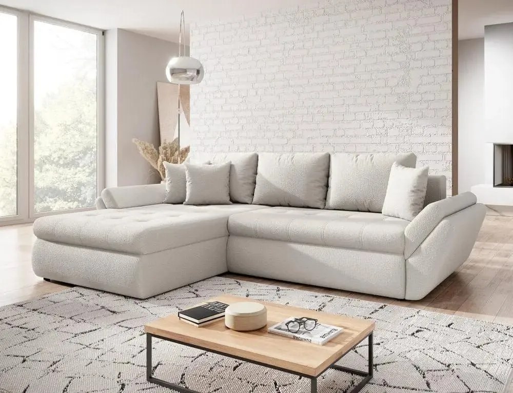 Colțar extensibil dumonde cu ladă de depozitare si sezut confortabil din spuma high-density, Loana Euphoria Ivory 270x185 cm